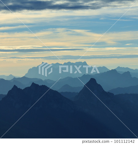 Mount Grosser Mythen and ther mountains seen from Rigi Kulm, Switzerland. Mount Grosser Mythen and ther mountains seen from Rigi Kulm, Switzerland. 101112142