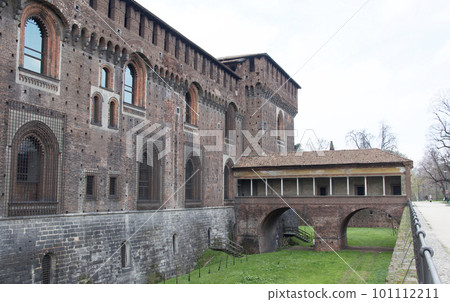 Outside walls and moat of Sforzesco Castle built in the Middle Ages by the Visconti family 101112211