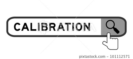 Search banner in word calibration with hand over magnifier icon on white background 101112571