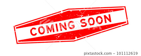 Grunge red coming soon word hexagon rubber seal stamp on white background 101112619