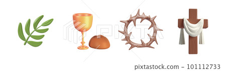Cute 3d icon Easter Detailed Green Palm Tree Branch, Crown of thorns, Eucharist bread and vine and Wooden Cross with white cloth. illustration isolated on white background clipping path 101112733