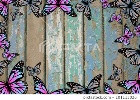 Old wooden planks and a frame of butterflies. Vector illustration 101113026