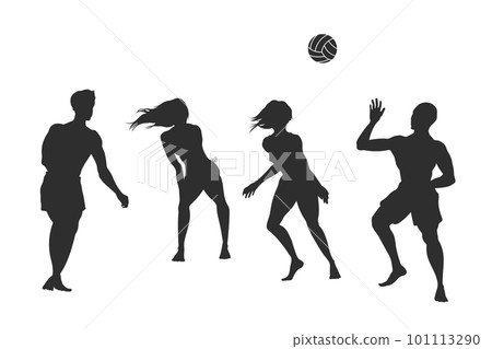 Beach volleyball silhouette. Young people play on sand. Outdoor summer game. Isolated sport activity scene Beach volleyball silhouette. Young people play on sand. Outdoor summer game. Isolated sport activity scene 101113290