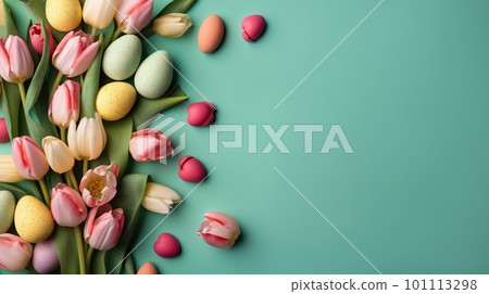Happy Easter with tulips and decorative eggs in various colors Happy Easter with tulips and decorative eggs in various colors 101113298