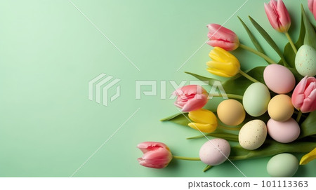 Happy Easter concept with tulips and decorative eggs 101113363