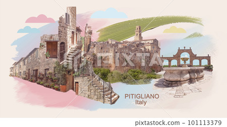Beautiful landscape of italian city. Vintage city view, landmarks. Contemporary art collage. Brick buildings in old style Beautiful landscape of italian city. Vintage city view, landmarks. Contemporary art collage. Brick buildings in old style 101113379