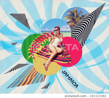 Beautiful young girl in stylish swimming suit and glasses on summertime vacation. Palms, ocean. Jamaica. Contemporary art collage. Beautiful young girl in stylish swimming suit and glasses on summertime vacation. Palms, ocean. Jamaica. Contemporary art collage. 101113382