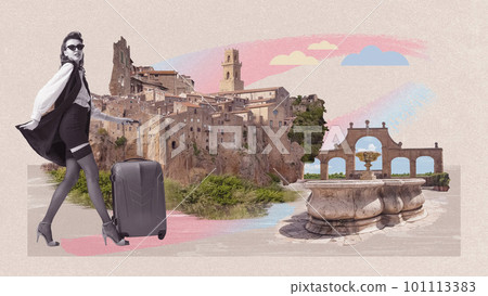 Stylish elegant woman, lady in stylish clothes travelling to european city. Vintage city view and landmarks. Contemporary art collage. 101113383