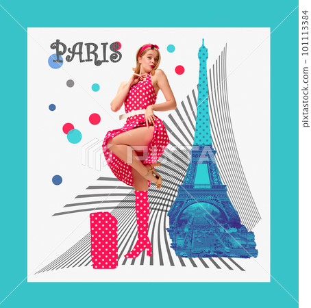 Beautiful young girl in attractive dress travelling to Paris. Famous french landmark of towel on background. Contemporary art collage. Beautiful young girl in attractive dress travelling to Paris. Famous french landmark of towel on background. Contemporary art collage. 101113384