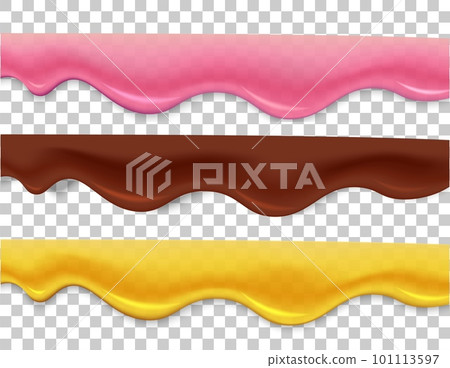 Dripping melted chocolate caramel borders. Glossy liquid jam. Vector realistic topping Dripping melted chocolate caramel borders. Glossy liquid jam. Vector realistic topping 101113597