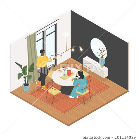 Family breakfast in the living room - vector colorful isometric illustration 101114059
