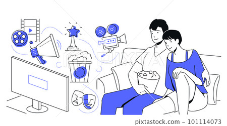 Evening with TV - colorful line design style illustration Evening with TV - colorful line design style illustration 101114073