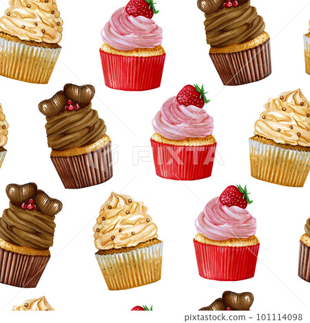Watercolor (markers) cupcakes pattern isolated on white background 101114098
