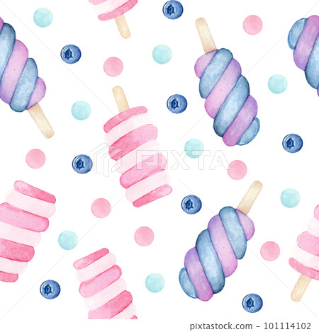 Watercolor blue and purple seamless pattern of ice cream popsicles Watercolor blue and purple seamless pattern of ice cream popsicles 101114102
