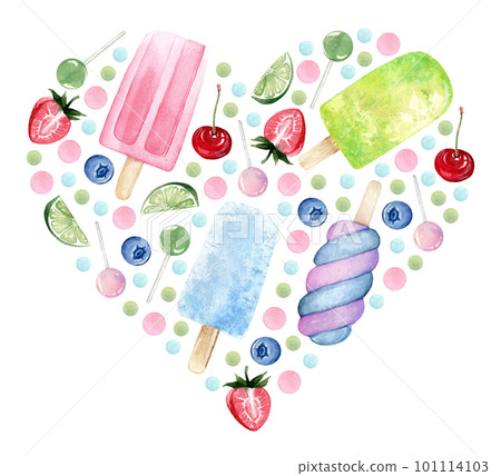 watercolor ice cream hearts with fruits and sweets watercolor ice cream hearts with fruits and sweets 101114103