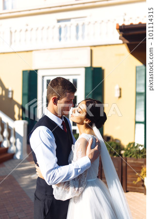 Newlyweds tenderly hug, kiss and enjoy each other. Walk of lovers. Amazing smiling wedding couple. Love. 101114315