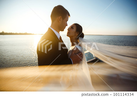 Pretty bride and stylish groom together on the bridge against the background of the boat. Together. Wedding. 101114334