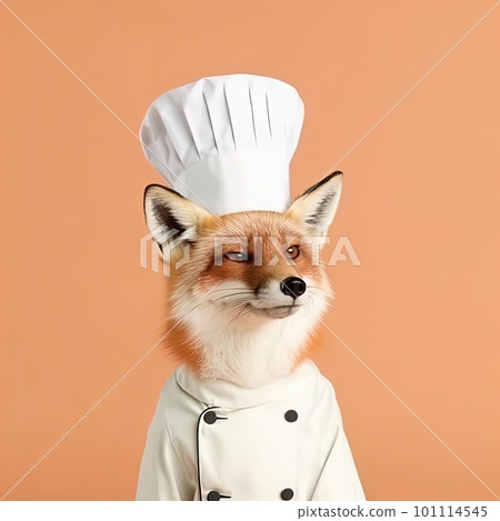 Fox dressed in chef uniform, complete with toque hat. Generative AI 101114545