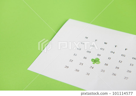 Still life with a white calendar marked with the date March 17- traditional Irish festival - Saint Patrick's Day, celebrated in Ireland, isolated on green background with free advertising space Still life with a white calendar marked with the date March 17- traditional Irish festival - Saint Patrick's Day, celebrated in Ireland, isolated on green background with free advertising space 101114577