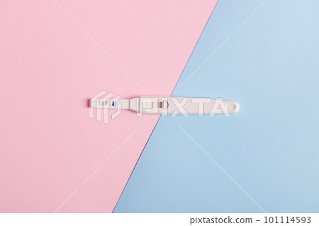 Still life. Inkjet pregnancy test with a positive result between human chorionic gonadotropin in the urine, isolated on blue pink pastel background. Finally pregnant. Quick Pregnancy Detection. 101114593