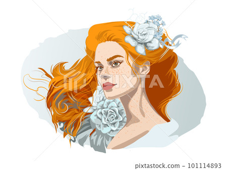 Girl with freckles and red loose hair decorated with flowers. Girl with freckles and red loose hair decorated with flowers. 101114893