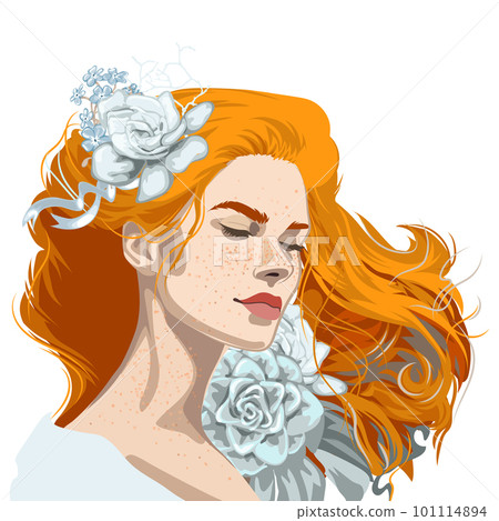 Girl with closed eyes, freckles and red loose hair decorated with flowers. Girl with closed eyes, freckles and red loose hair decorated with flowers. 101114894