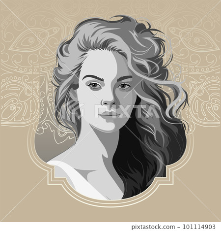 Portrait of a beautiful girl with loose curly hair in a grayscale. Portrait of a beautiful girl with loose curly hair in a grayscale. 101114903