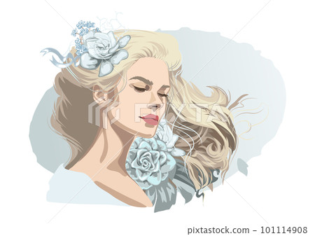 Blonde girl with closed eyes and loose curly hairs decorated with flowers. Blonde girl with closed eyes and loose curly hairs decorated with flowers. 101114908