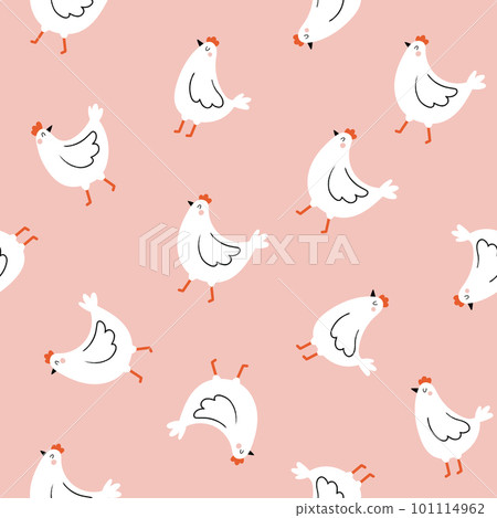 Seamless pattern with funny hand-drawn chickens on a light pink background. 101114962