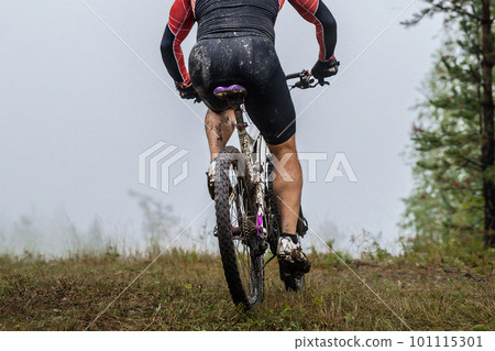 back male mountain bike cyclist riding on forest trail back male mountain bike cyclist riding on forest trail 101115301