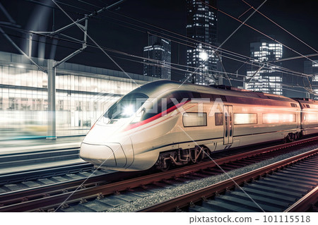 Modern high speed train at night. Fast train in city with motion blur effect, Public transport. Railway transportation. Created with Generative AI Modern high speed train at night. Fast train in city with motion blur effect, Public transport. Railway transportation. Created with Generative AI 101115518