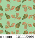 Seamless background. Autumn green, red and yellow leaves on a green background. Strawberries, birch. Two repeating elements. Watercolor  101115969
