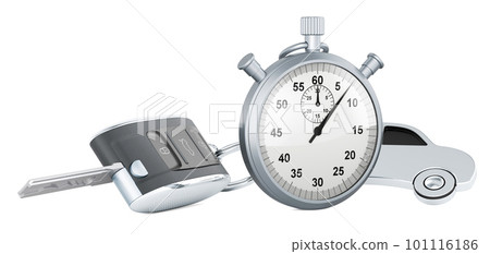 Car key with car shape metal keychain with stopwatch, 3D rendering Car key with car shape metal keychain with stopwatch, 3D rendering 101116186