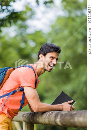 indian south asian backpacker. Thinking with happiness expression in an Asturias environmental Travel. indian south asian backpacker. Thinking with happiness expression in an Asturias environmental Travel. 101116234