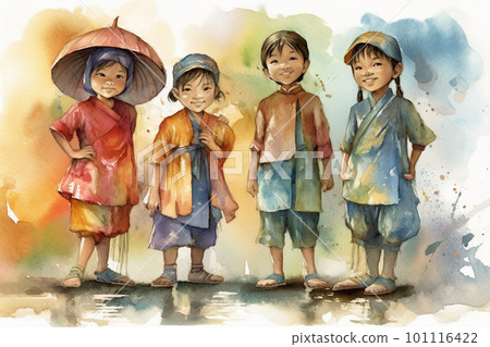 Group of children in ethnic traditional costumes. AI generative image 101116422