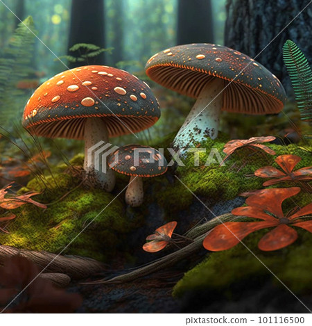 Amanita muscari, fly agaric beautiful red-headed hallucinogenic toxic mushrooms in the forest. Amanita muscari, fly agaric beautiful red-headed hallucinogenic toxic mushrooms in the forest. 101116500