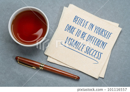 believe in yourself, dare to be different, visualize success - inspirational notes on a napkin, personal development concept 101116557