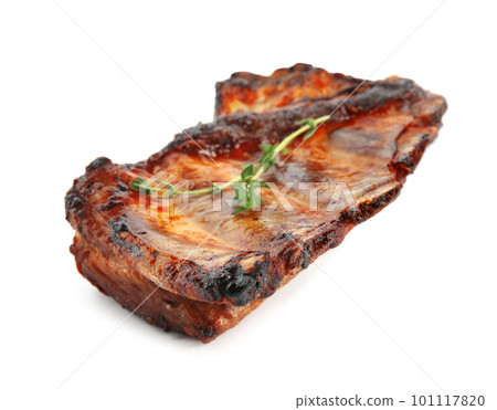Tasty grilled ribs with thyme isolated on white Tasty grilled ribs with thyme isolated on white 101117820