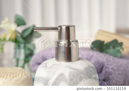 Modern marble soap dispenser in bathroom, closeup 101118159
