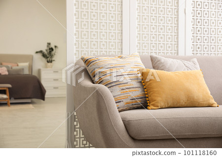 Comfortable sofa with different pillows in stylish room interior 101118160