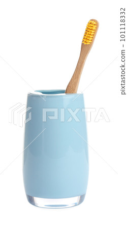 Bamboo toothbrush in holder isolated on white 101118332