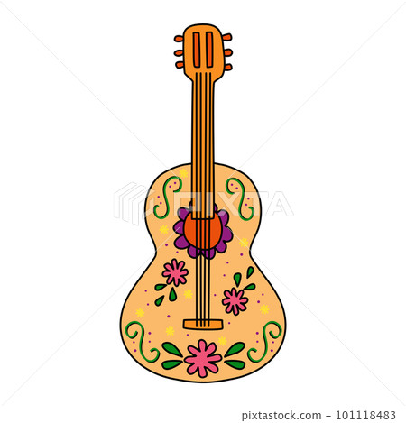 Guitar with mexican traditional style decorations, doodle style vector 101118483
