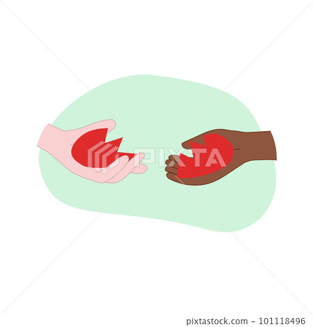 Red broken heart in two different skin type hands, reconciliation concept, doodle style vector 101118496