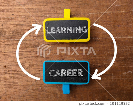 Wooden board with the word LEARNING CAREER with up side down arrow on wooden background. Business concept. 101119522