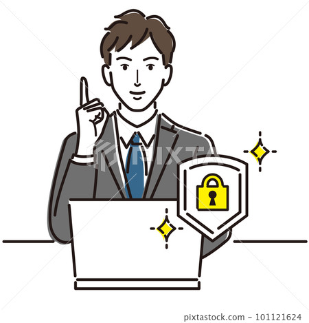 A businessman with a pointing pose introducing computer security measures A businessman with a pointing pose introducing computer security measures 101121624