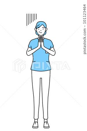 Middle-aged / senior female nurse, physical therapist, occupational therapist, speech therapist, nursing assistant who apologizes with hands together in front of the body 101123464