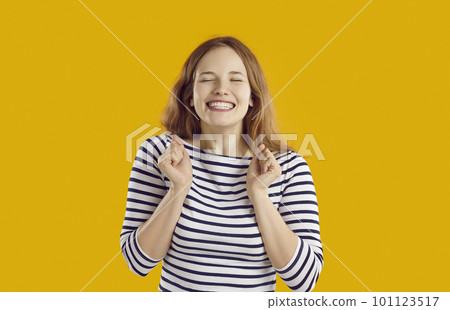 Full length portrait of extremely happy pretty woman with brown hair in long sleeve shirt celebrating success. 101123517
