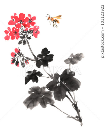 Geranium and leg drumstick drawn with ink painting technique Geranium and leg drumstick drawn with ink painting technique 101123922