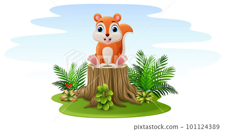 Cartoon squirrel sitting on tree stump Cartoon squirrel sitting on tree stump 101124389