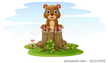 Cartoon bear sitting on tree stump 101124393